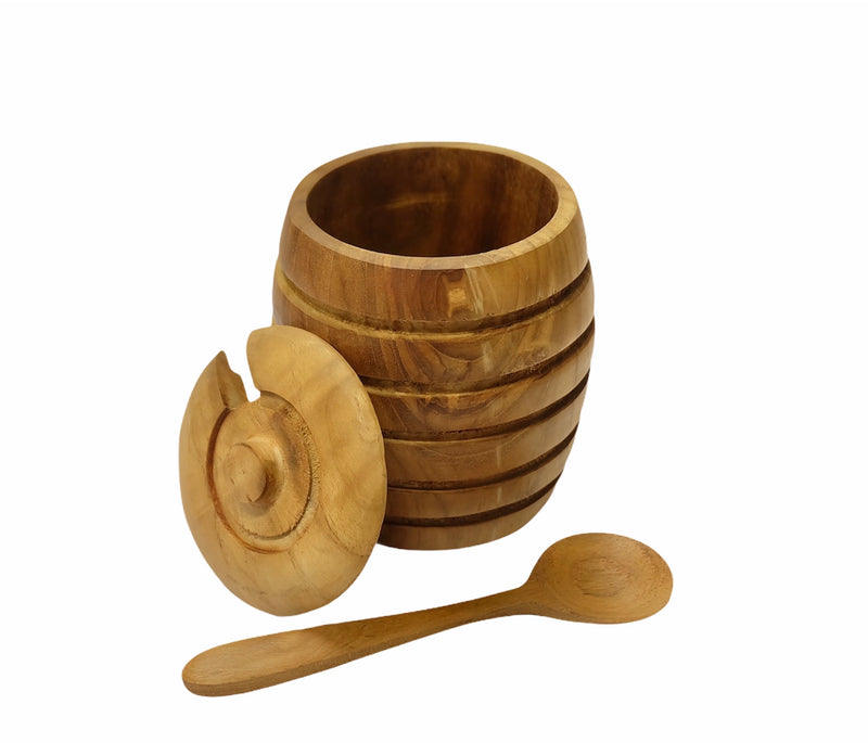 Queenspree Teak Wood Condiment Pot With Spoon