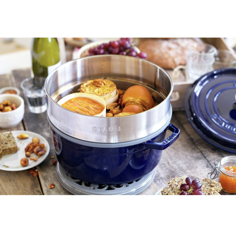 Staub Cast Iron 26cm Round Cocotte With Steamer Insert Dark Blue