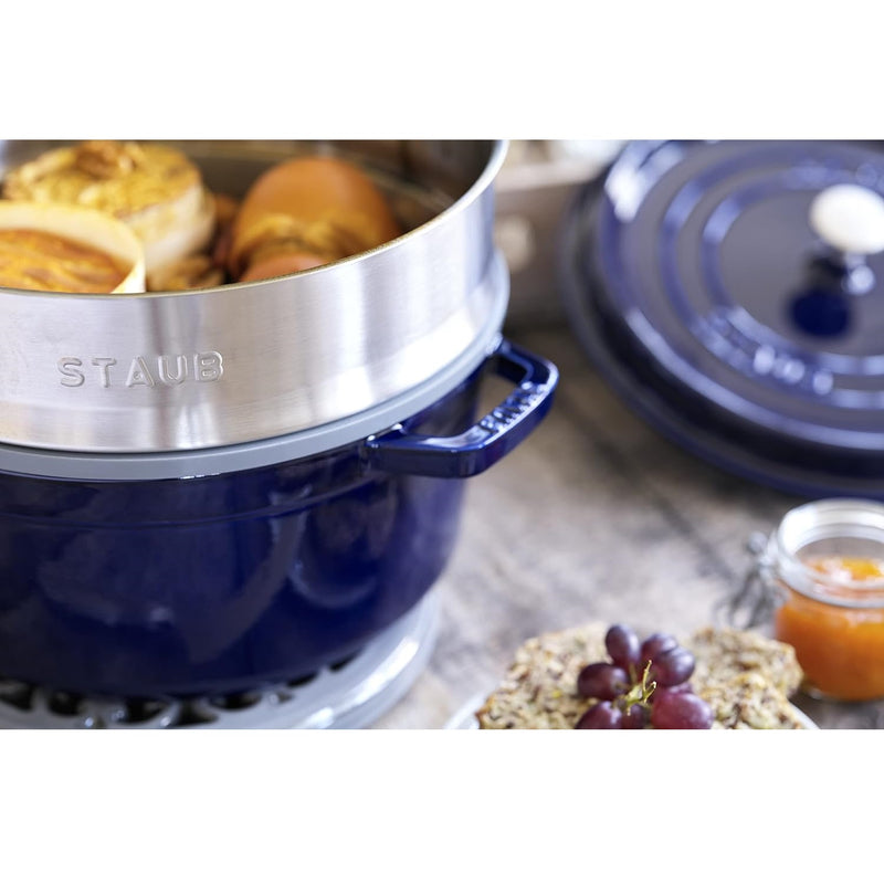 Staub Cast Iron 26cm Round Cocotte With Steamer Insert Dark Blue