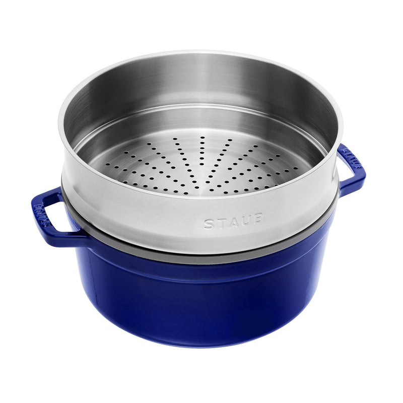 Staub Cast Iron 26cm Round Cocotte With Steamer Insert Dark Blue