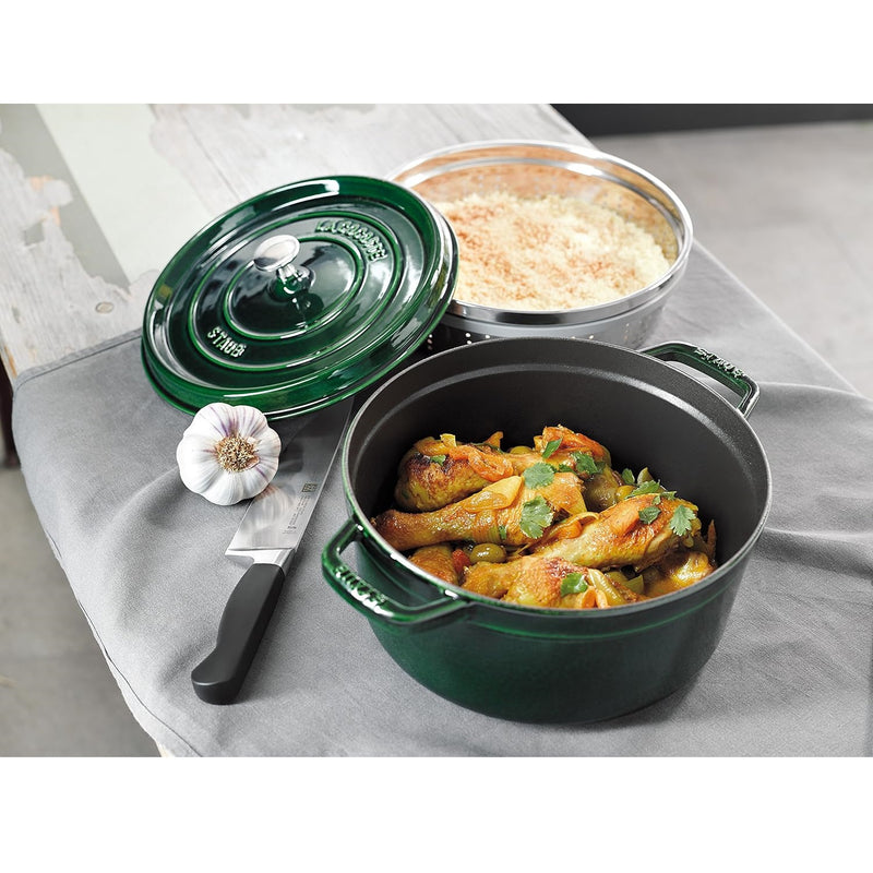 Staub Cast Iron 26cm Round Cocotte With Steamer Insert Basil