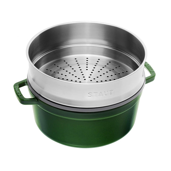 Staub Cast Iron 26cm Round Cocotte With Steamer Insert Basil