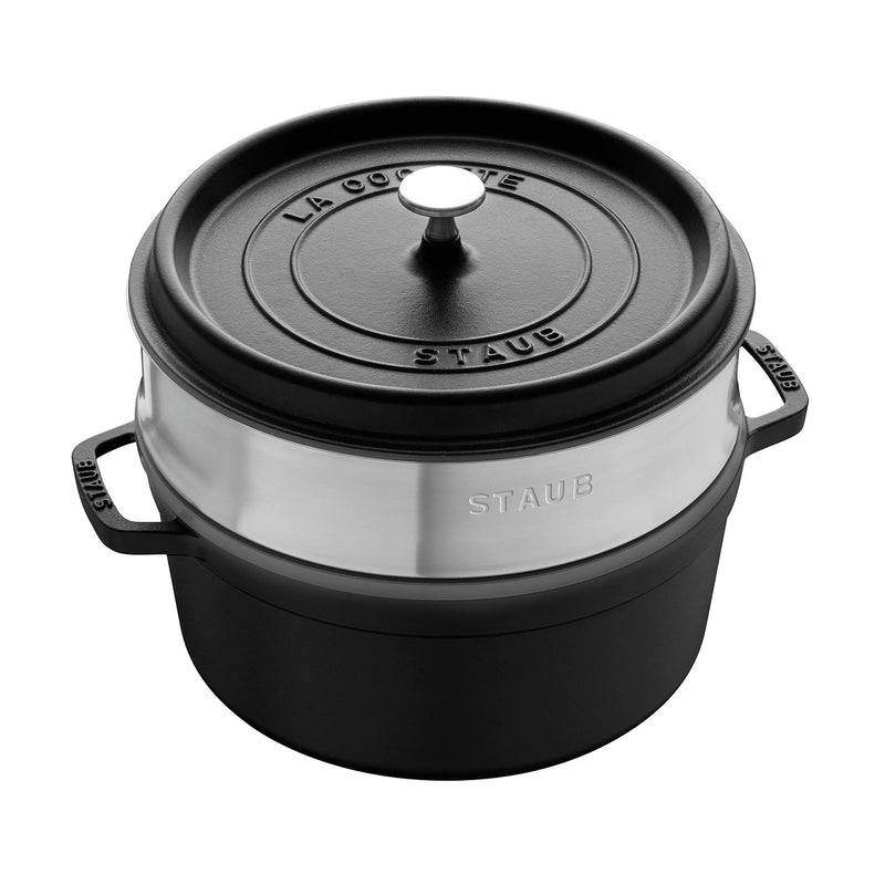 Staub Cast Iron 26cm Round Cocotte With Steamer Insert Black