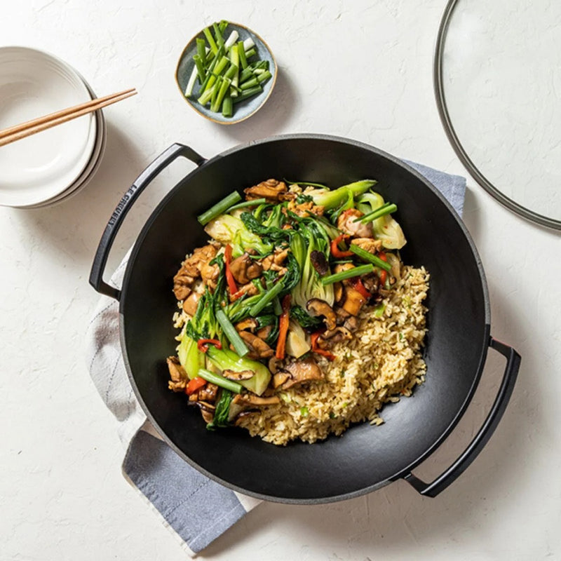Le Creuset Satin Black Cast Iron 36cm Wok With Glass Lid