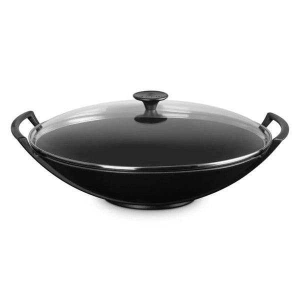Le Creuset Satin Black Cast Iron 36cm Wok With Glass Lid