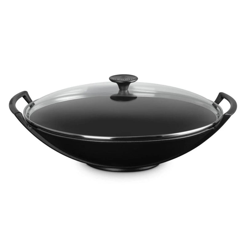 Le Creuset Satin Black Cast Iron 36cm Wok With Glass Lid