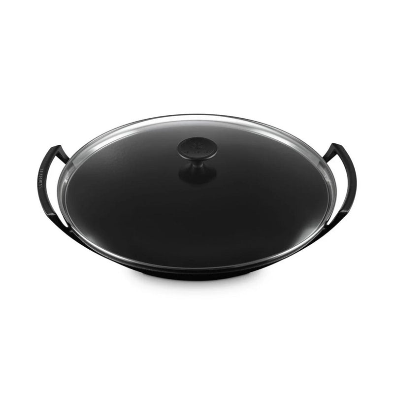 Le Creuset Satin Black Cast Iron 36cm Wok With Glass Lid