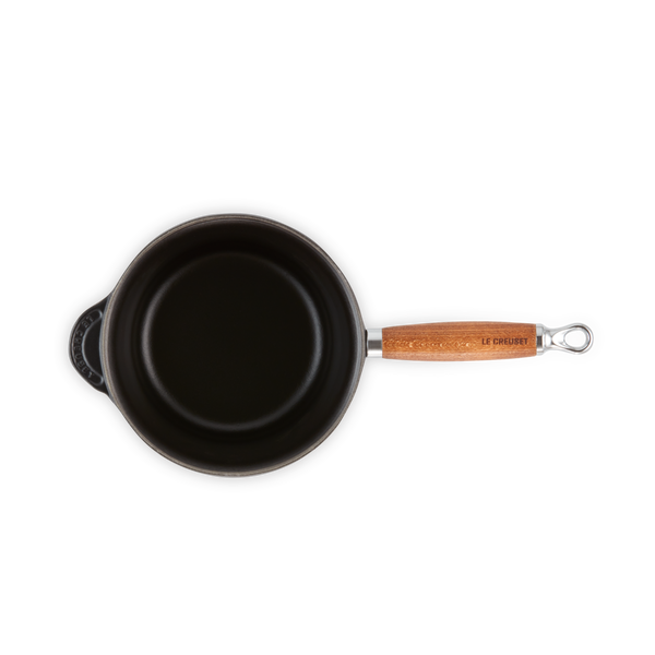 Le Creuset Satin Black Cast Iron 18cm Saucepan Wooden Handle (Black Interior)