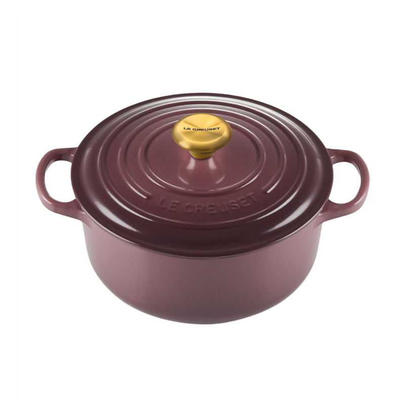 Le Creuset Signature Fig Cast Iron 22cm Round Casserole With Gold Knob (Black Interior)
