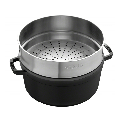 Staub Cast Iron 26cm Round Cocotte With Steamer Insert Black