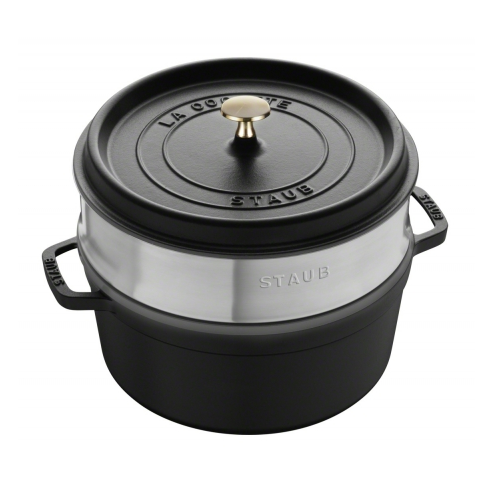 Staub Cast Iron 26cm Round Cocotte With Steamer Insert Black