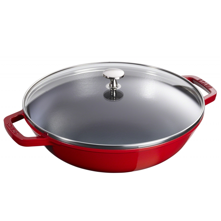 Staub Cast Iron 30cm Wok With Glass Lid Cherry Red