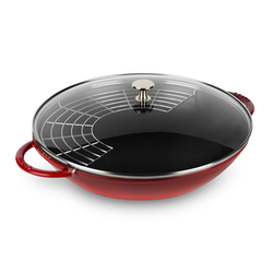 Staub Cast Iron 37cm Wok With Glass Lid Cherry Red