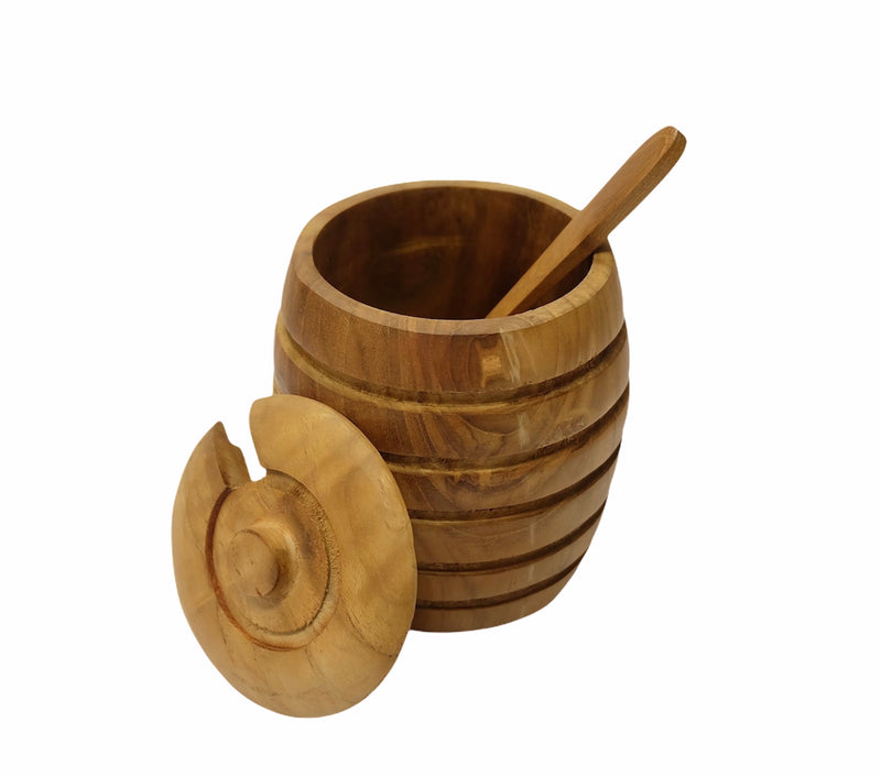 Queenspree Teak Wood Condiment Pot With Spoon