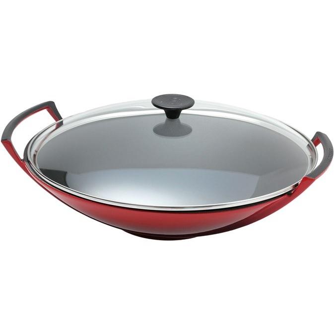 Le Creuset Cerise Cast Iron 36cm Wok With Glass Lid-Queenspree