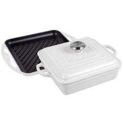 Le Creuset Signature White Cast Iron 24cm Square Buffet Casserole and Grill Set (Black Interior)