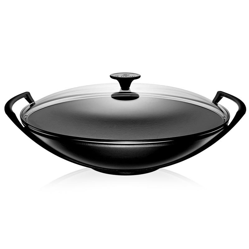 Le Creuset Satin Black Cast Iron 36cm Wok With Glass Lid